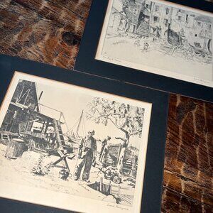 Two Vintage Lionel Barrymore Etching Prints Point Mugu & Courtyard Venice